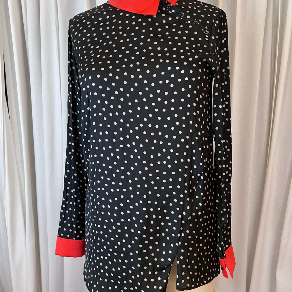 Cop Copine Polka Dot Blouse with Red Accents and Assymetrical collar & hem